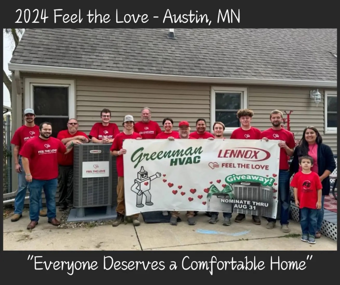 The Green Man Inc. team posing with a homeowner as part of the Lennox Feel the Love giveaway in 2024